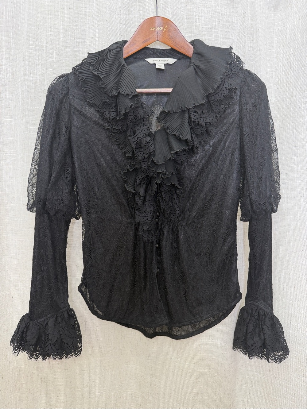 Boston Proper Black Lace Ruffled Long Sleeve Blouse Size X-Small